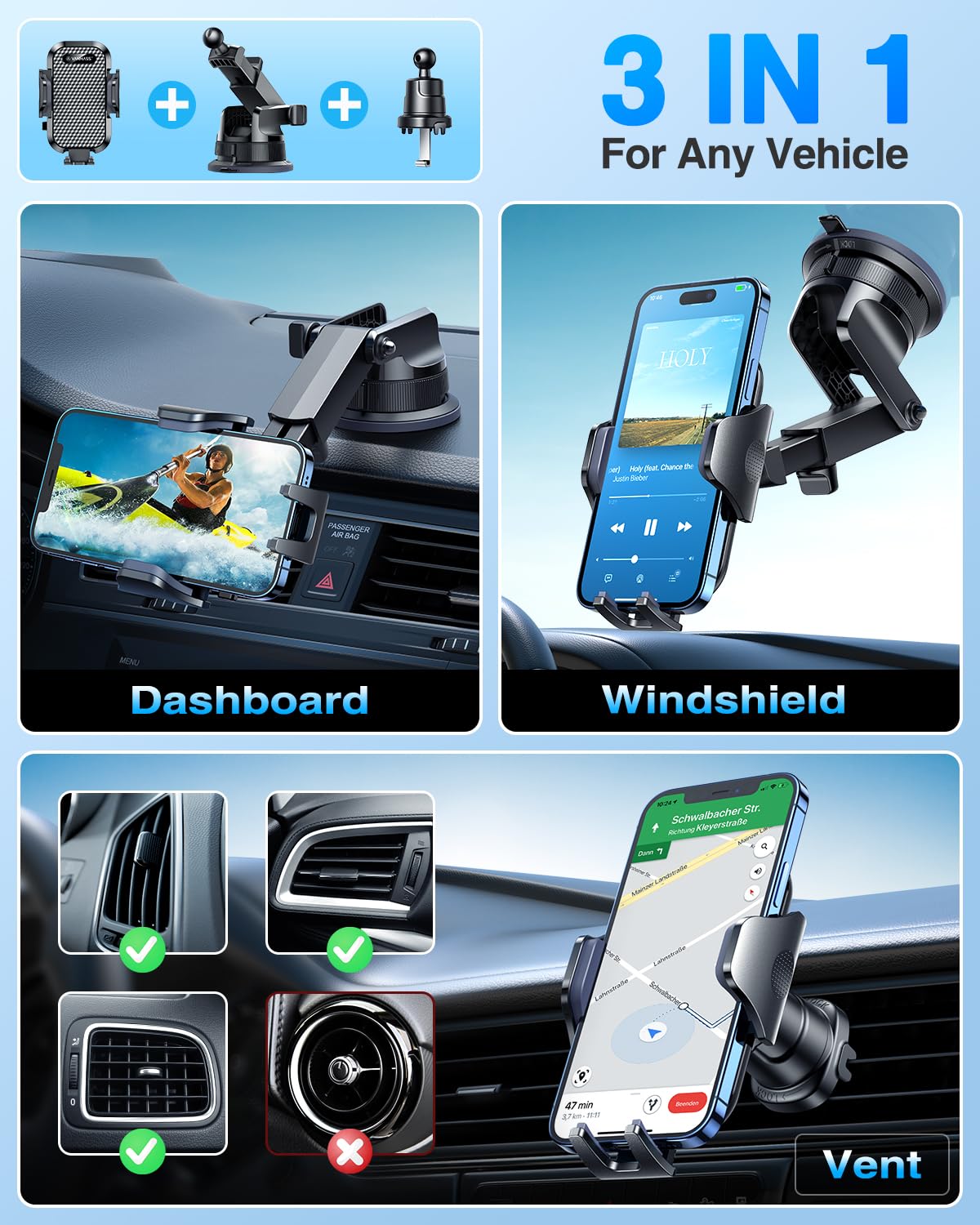 VANMASS 3-in-1 Car Phone Mount
